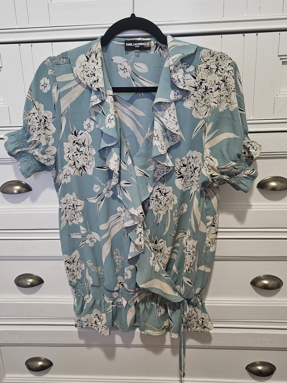 Karl Lagerfeld Teal Floral Ruffle Blouse